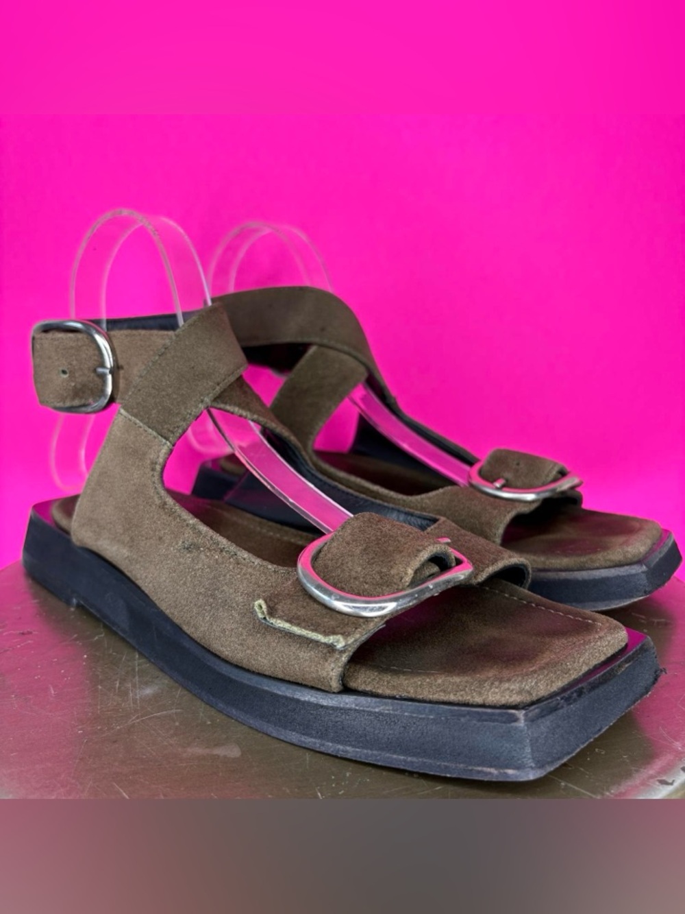 Mishka Khaki Suede Square Toe Crisscross Buckle Strap Flat Sandal EU 36